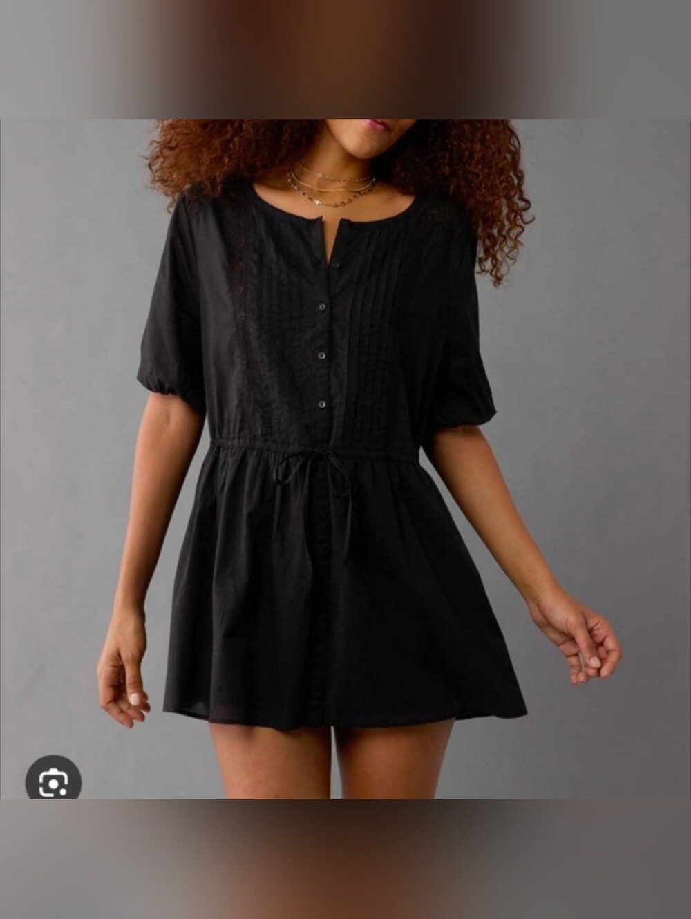 Nwt American Eagle Outfitters Black Cotton Boho Tie Waist Mini Dress Size Medium
